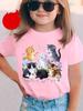 Girls' Cartoon Cat Printed T-Shirt Polyester Summer Elementary Girl Clothes Short Sleeve Children Top Kawaii T-Shirts Girl Tops