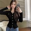 Xiaoxiangfeng Temperament V-neck Knitted Cardigan Jacket Women's Pocket Gold Buckle Foreign Style Slim-fit Sweater Pure Desire