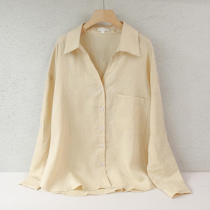 Women's Lightweight Pure Linen Long Sleeve Cardigan Shirt - Minimalist, Solid Color, Loose Fit, Summer Lapel Style