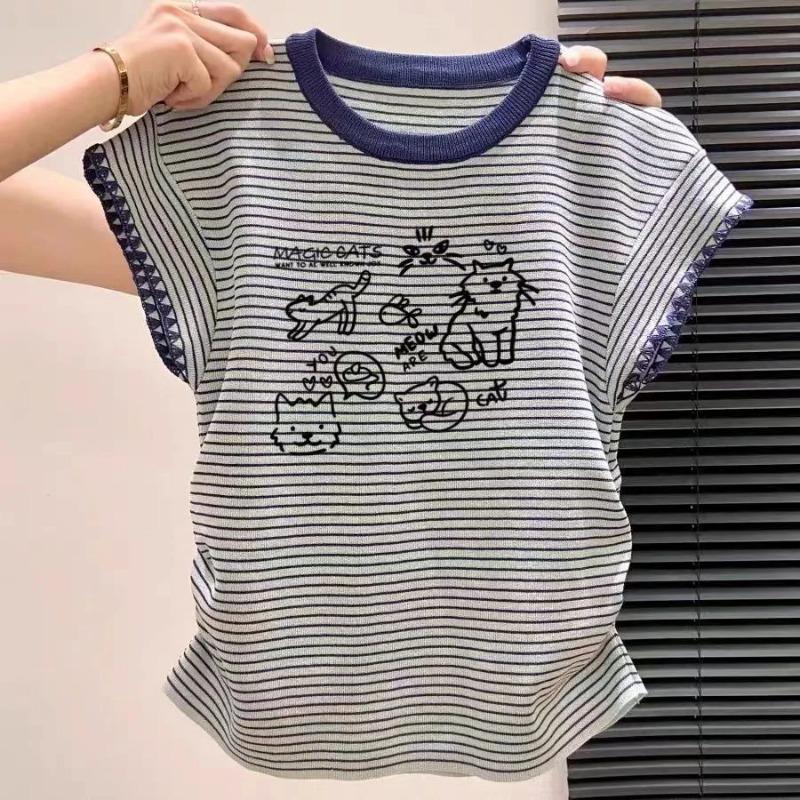 

Women s Striped Knit Short Sleeve Top Casual Round Neck Crochet Trim T-Shirt S