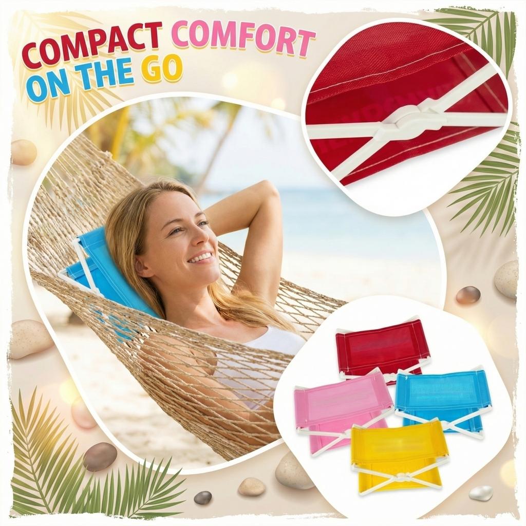Diese kompakte, faltbare Kopfstütze ist perfekt für die Entspannung am Strand und zum Sonnenbaden.. Hergestellt aus UV-schützendem Stoff, ist es leicht und tragbar.