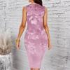 Women Plus Size Crew Neck Sleeveless Midi Dress Dark Navy Background Dusty Red Rose Full Print Bodycon Dress