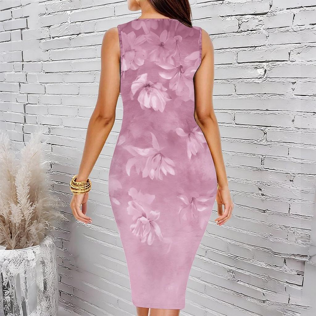 Women Plus Size Crew Neck Sleeveless Midi Dress Dark Navy Background Dusty Red Rose Full Print Bodycon Dress