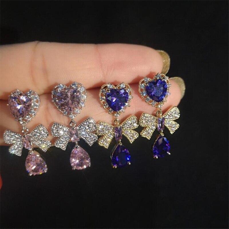 2020, nou sosire, de vânzare de top, dulci, bijuterii drăguțe, cercei cu arc de nuntă, din argint 925, în formă de inimă, cu safir