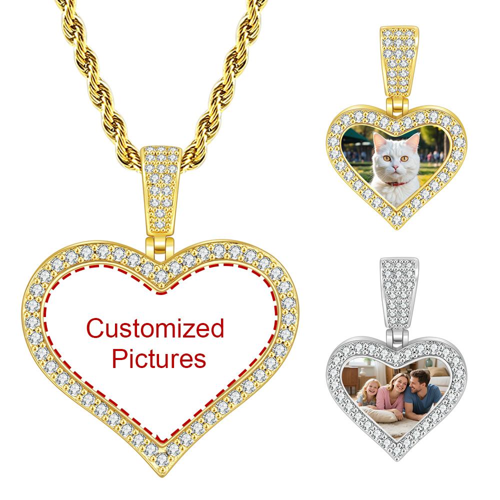 Personalized Customized Heart Photo Pendant For Women Tow Size Ice Out Gold Color Hip Hop Rock Fashion Jewelry Dropshipping