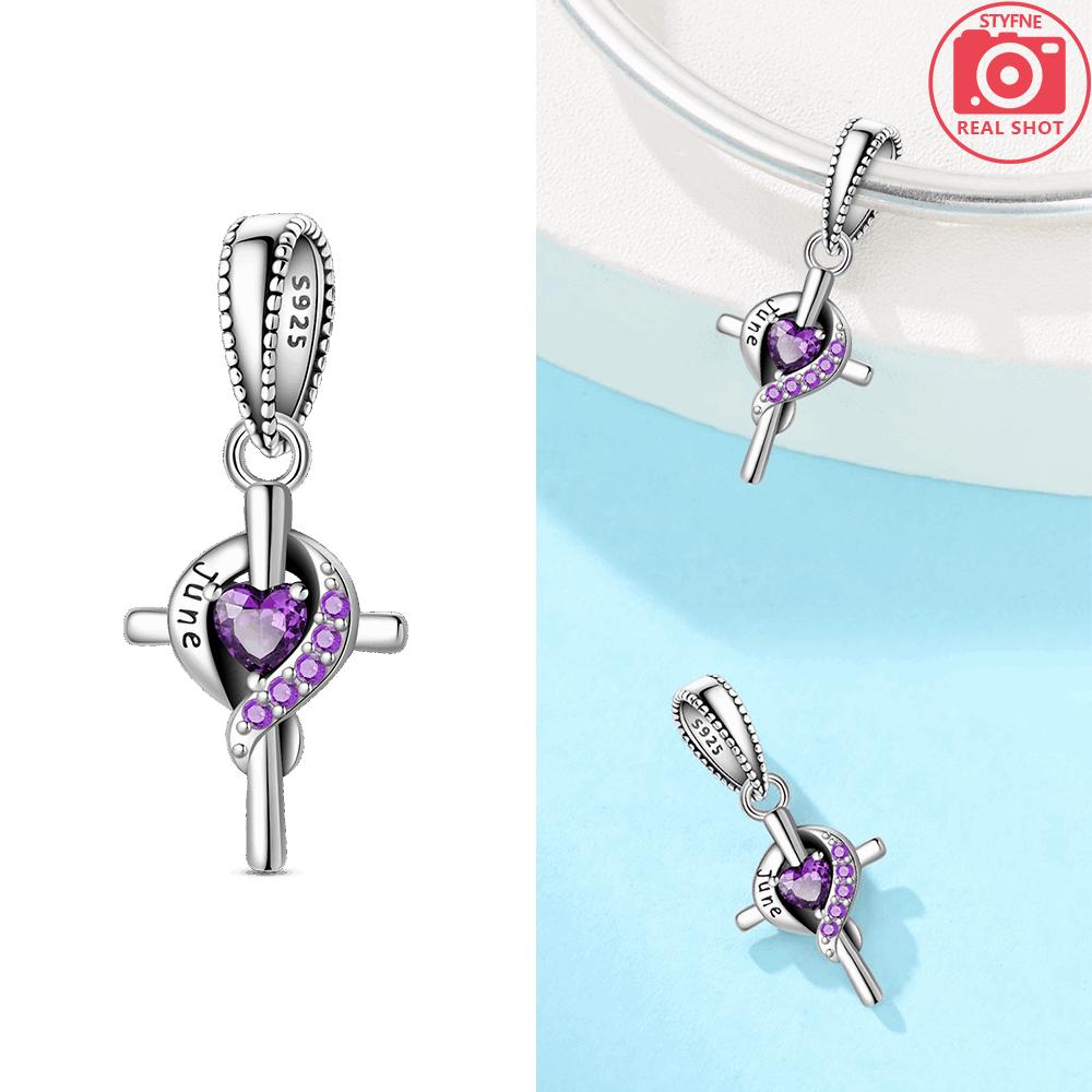 Women Pendant Original Red Zircon Birthstone Blue Gemstone Heart Cross Bead Fit Bracelet Copper Jewelry Accessory Charm Gift