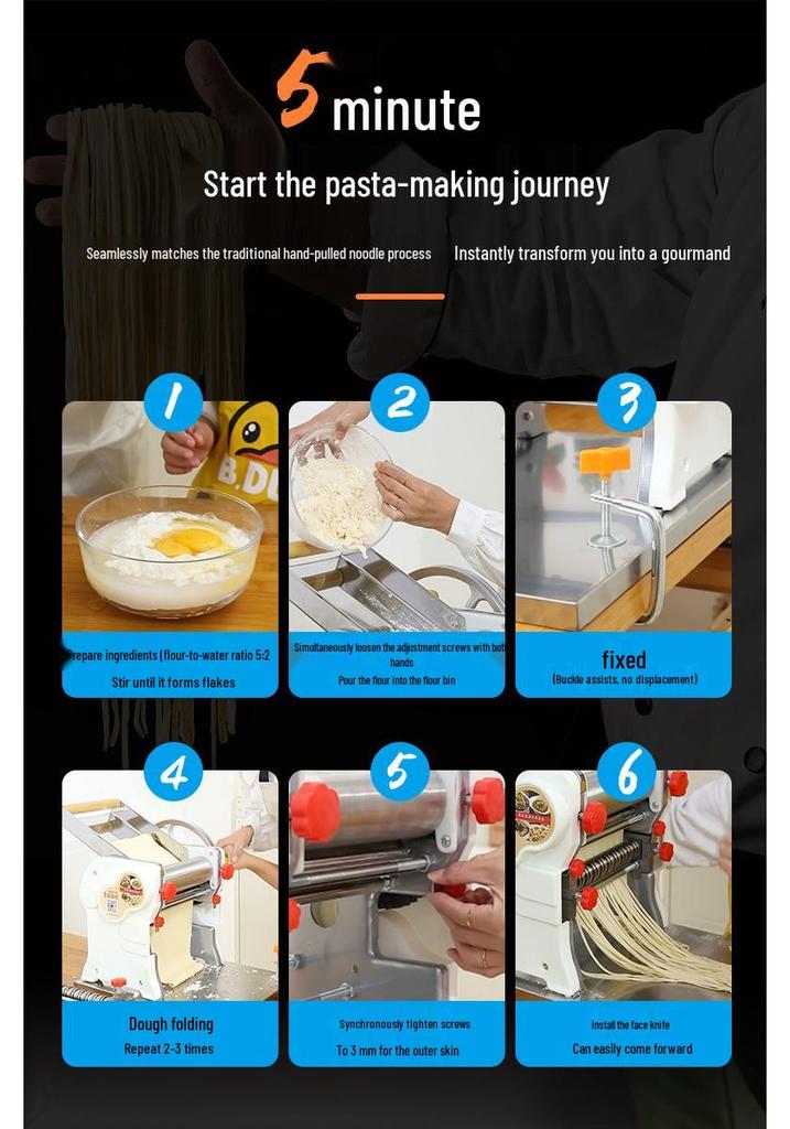 Compact Household Manual Noodle & Pasta Maker with Dumpling Wrapper Roller and Hand Crank, Stainless Steel