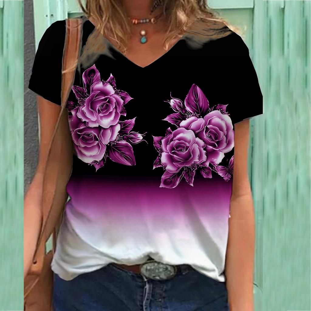 plus size XL-7XL Floral Themed Series 3D Printed T-shirt V-neck 3D Printed Women's Short Sleeved T-shirts Top
