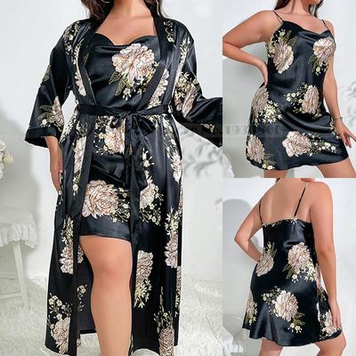 Spring and Summer Printed Floral Robe Suspender Pajamas Women's Kimono Bathrobe Dress Loose Satin Home Dressing Gown