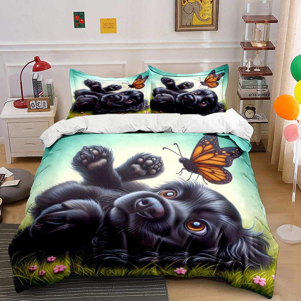 Playful Puppy and Butterfly Scene Bedding Duvet Cover Set (1*Duvet Cover 2*Pillowcases, Without Duvet Insert)