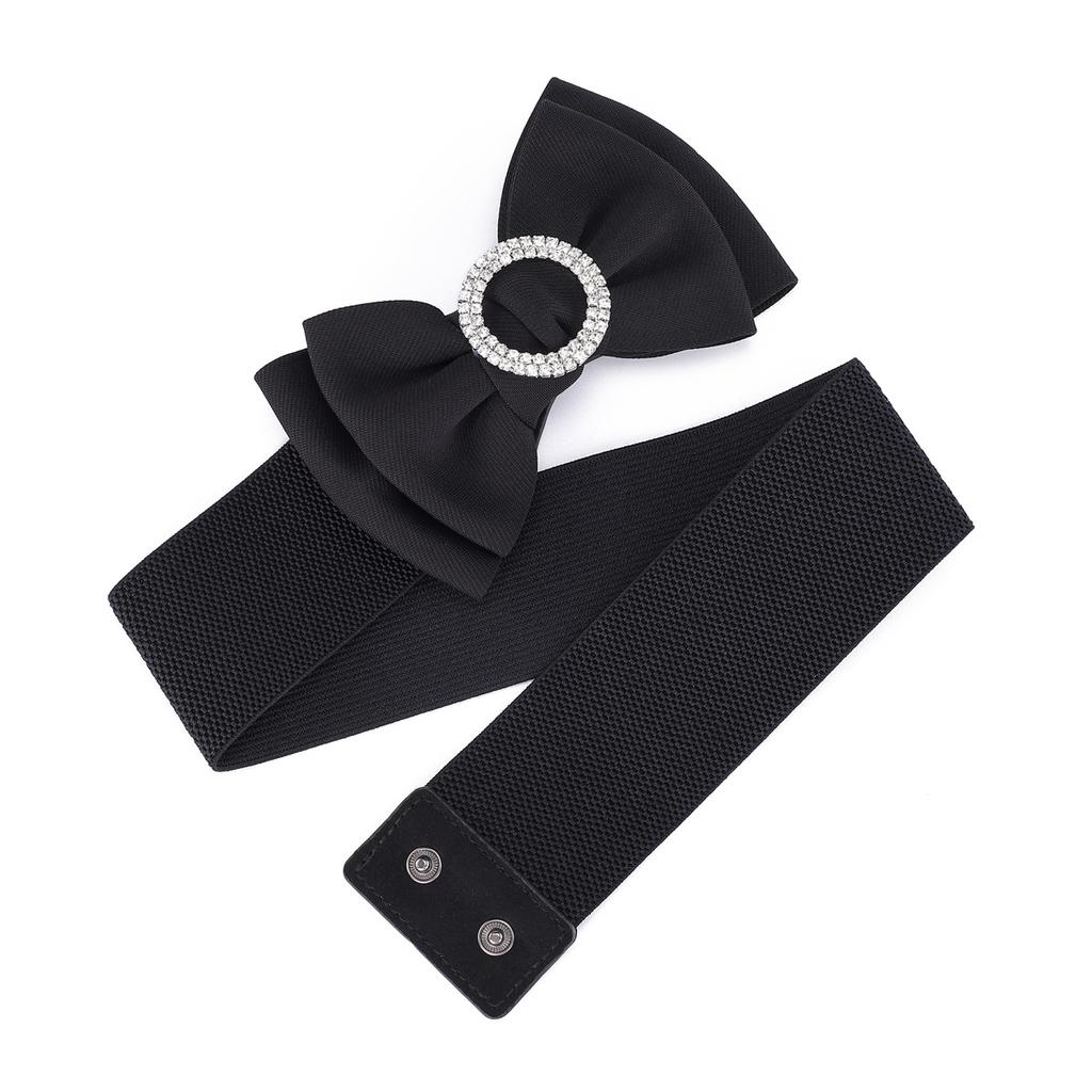 Ladies Xiaoxiangfeng Wide Waist Seal Rhinestone Inlay With Sweater Sweet Bow Elastic Belt Decorative Trench Coat