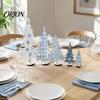 Blue And White Winter Decor 5Pcs Wooden Christmas Tree Ornaments, Nordic Style Indoor Holiday Home Accents Plaid/Snowflake/Polka Dot Desktop