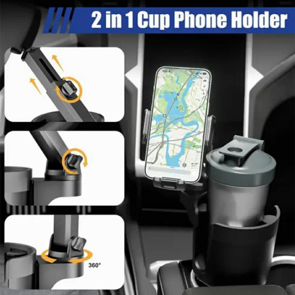 2-in-1 Car Cup Holder Expander 360 Degree Rotating Phone Mount for for Drink Bottles