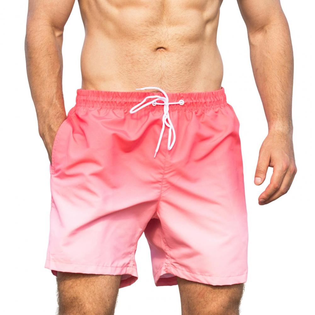 Men Beach Shorts Gradient Contrast Color Drawstring Elastic Waist Casual Daily Wear Pockets Thin Knee Length Summer Shorts Men V
