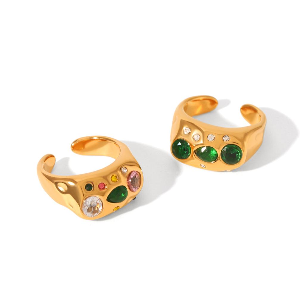 European and American style irregular hammered stainless steel open ring with zircon inlay for women titanium steel ring
