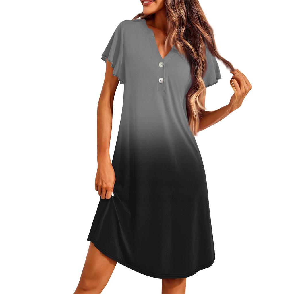 Pyjama pour femmes à manches courtes évasées et col en V, robe décontractée boutonnée à dégradé