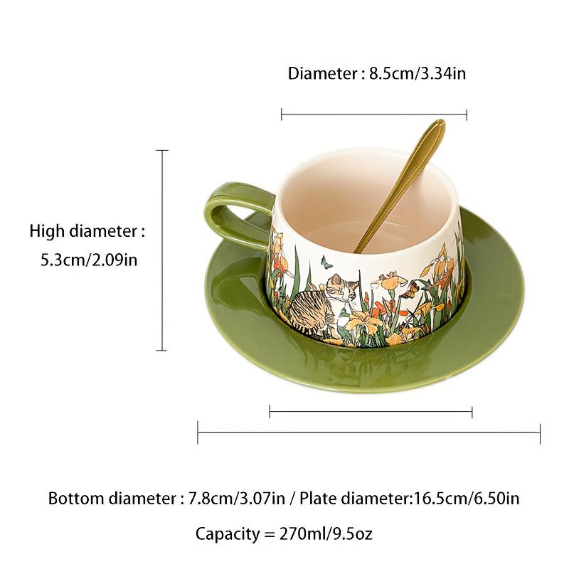 

270ml Cat & Floral Coffee Mug Set with Luxury Gift Box and Saucer - Vintage Ceramic Tea Cup Present 270ml