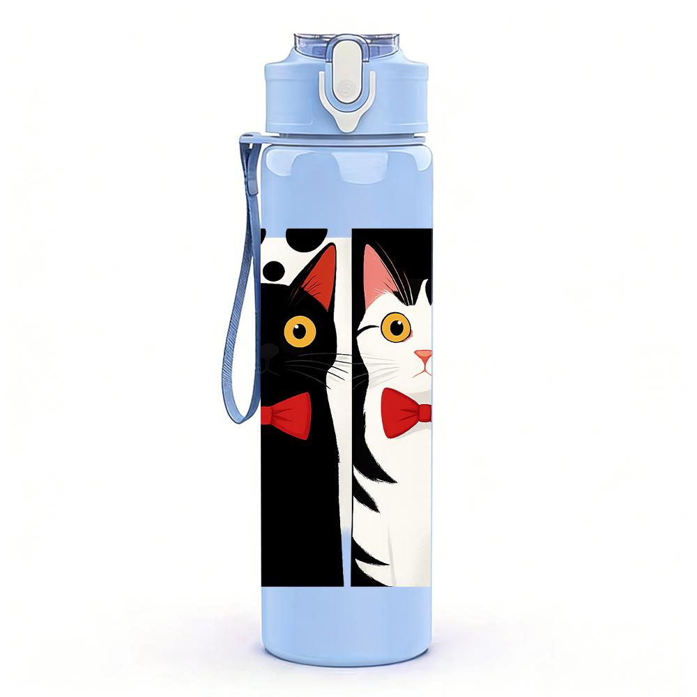 1PC Two Cats Bow Tie Bust 750ml Color Plastic Sports Water Bottle Leakproof Flip Straw Lid For Sports Office Home Use