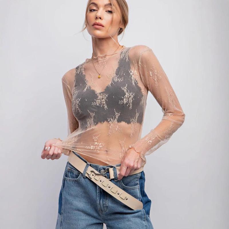 Women Half Turtleneck Lace Floral Mesh Slim Fit Long Sleeve Base Top