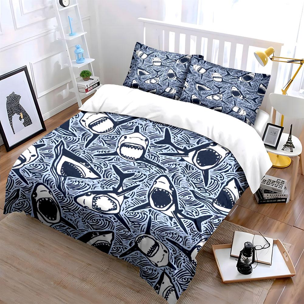 Shark Print Decor Set Bedding Set with 1 Duvet Cover 2 Pillowcases Single Double King Queen Gift