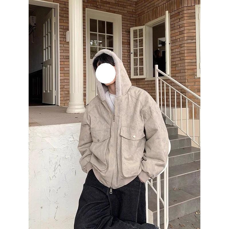 Men's Winter Marble Pattern Hooded Jacket - Plus Velvet, Loose Fit, Warm Cotton