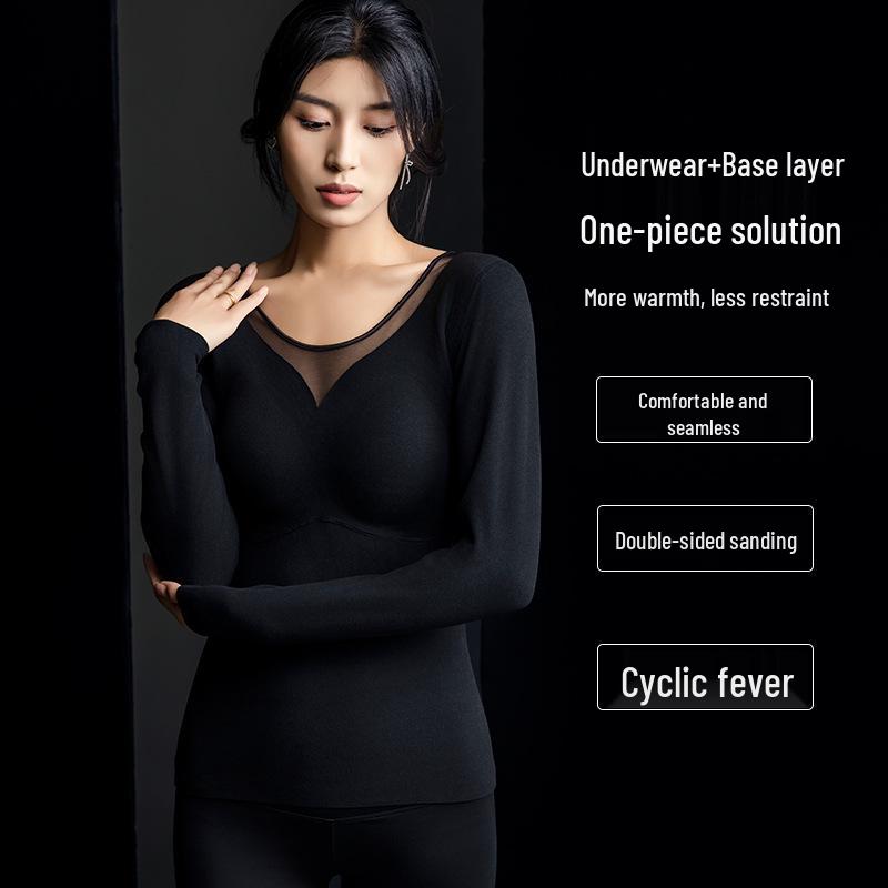 Graphen Beheizter Damen Fleecegefütterter Extra-Dicker Einteiliger Baselayer mit Eingebautem BH, Langärmige Warme Unterwäsche.