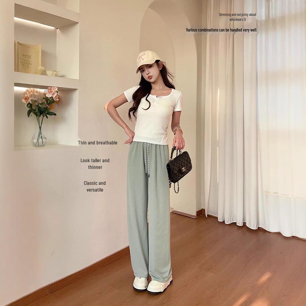 2025 Women's Rock Candy Wide Leg Ice Silk Pants: Summer Loose, Slimming, and Draping Straight-Leg Design