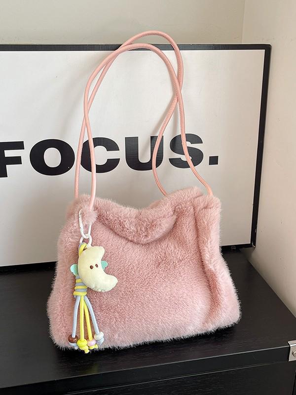 Bolsa Tote Transversal e de Ombro de Pelúcia Fofa Estilo Coreano