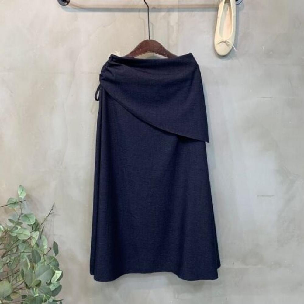 C S In The Room Duri ShirrIng Strap Wrap Layered Denim Flare Long Skirt 2Color