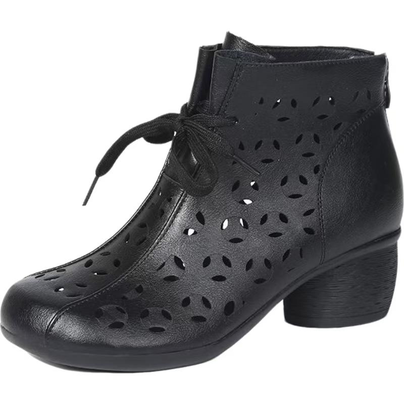 

Women s Leather Hollow Out Block Heel Cool Boots Spring Summer New Round Toe Soft Sole Breathable Zippers Cave Ankle Boots 39 чорний