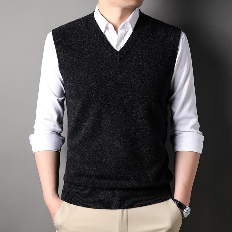 New Autumn and Winter Men's Sleeveless Sweaters Solid Color Warm Vest Cardigan Men's V-neck Vest