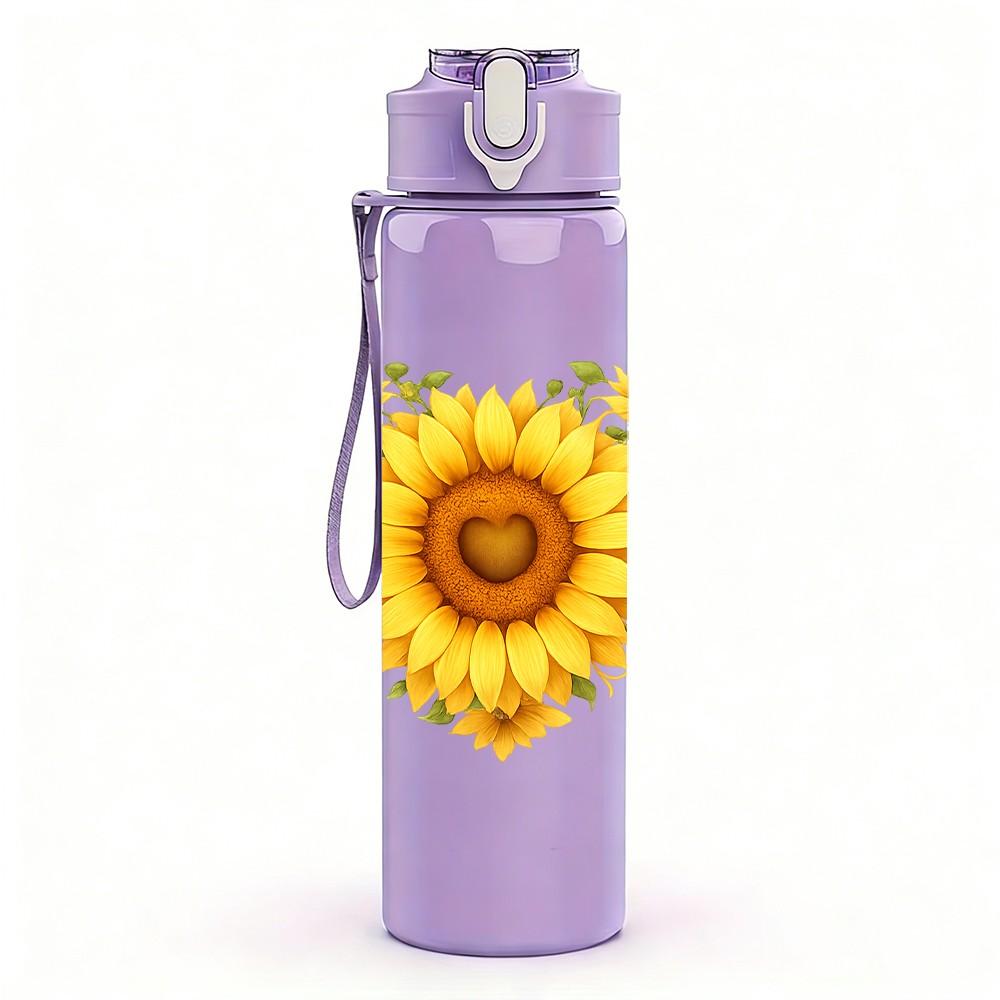 1PC Sunflower Single Bloom Decor 750ml Color Plastic Sports Water Bottle Leakproof Flip Straw Lid Suitable for Sports Office Home Use