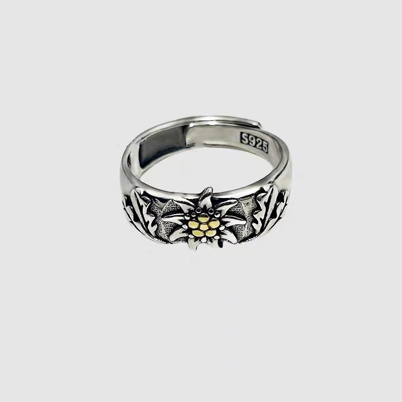 Adjustable Sterling Edelweiss Flower Ring With Copper Inlay Vintage Floral Jewelry Men Women