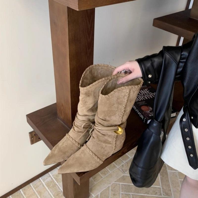Sheepskin version~ retro niche suede string flanged thin heel cat and western cowboy boots women's short boots thin boots