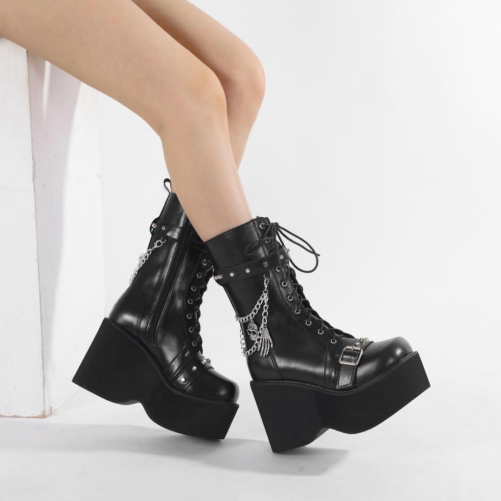 Gdgydh Plus Size 43 Spring Autumn Women Boots with Chain Wedges Platform Boots Punk Skull Goth INS Women Cosplay Shoes Combat Boots