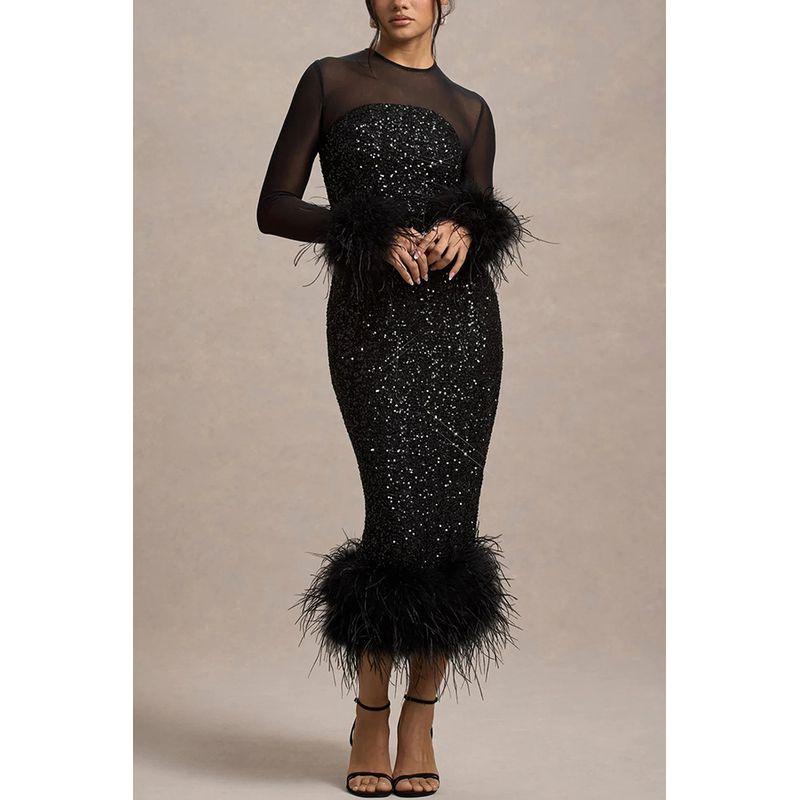 

European and American Party Women clothes Long sleeve Sequined Fur Sleeve Dress Formal Dress Female Sequined Dress Women Black XL