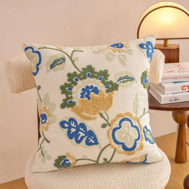 1pc Contemporary Floral Embroidery Throw Pillow Cover with Yellow Flowers & Green Leaves Zippered, Machine Washable for Living Room Decor