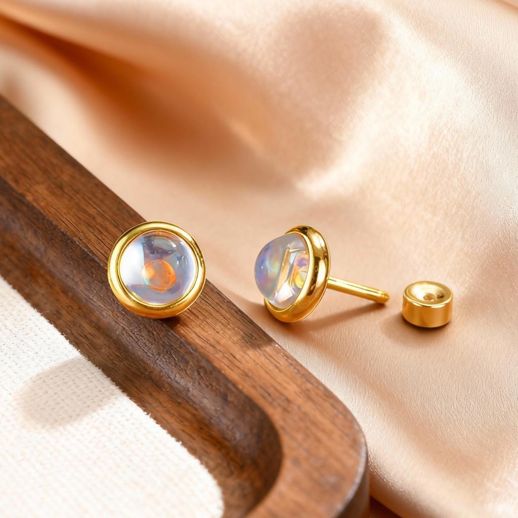 Exquisite Round Moonstone Stud Earrings for Women, Hypollergenic Stainless Steel Small Earrings, Elegant Aesthetic Jewelry Gifts