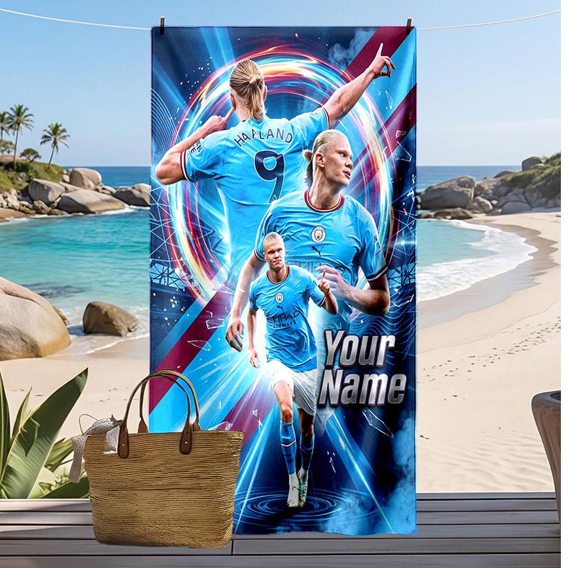 Erling Haaland Personalized Printed Beach Towel Soccer Logo Support Custom Name Text Absorbent Towel For Sport Travel Special Gift