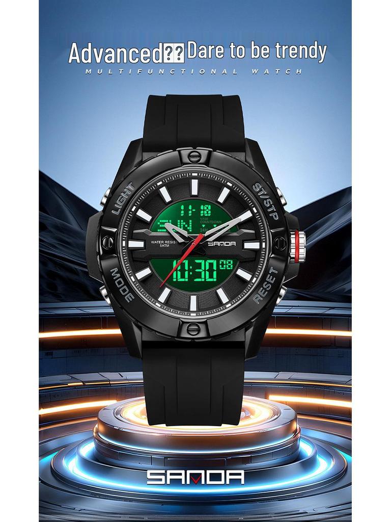 SANDA Multifunctional Outdoor Waterproof Watch with Three-Time Zone and Calendar Features for Students