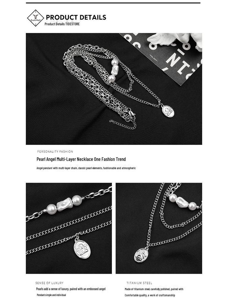 Trendy Titanium Steel Angel Pendant Necklace: Double Layer with Stainless Steel and Pearl for Men & Women