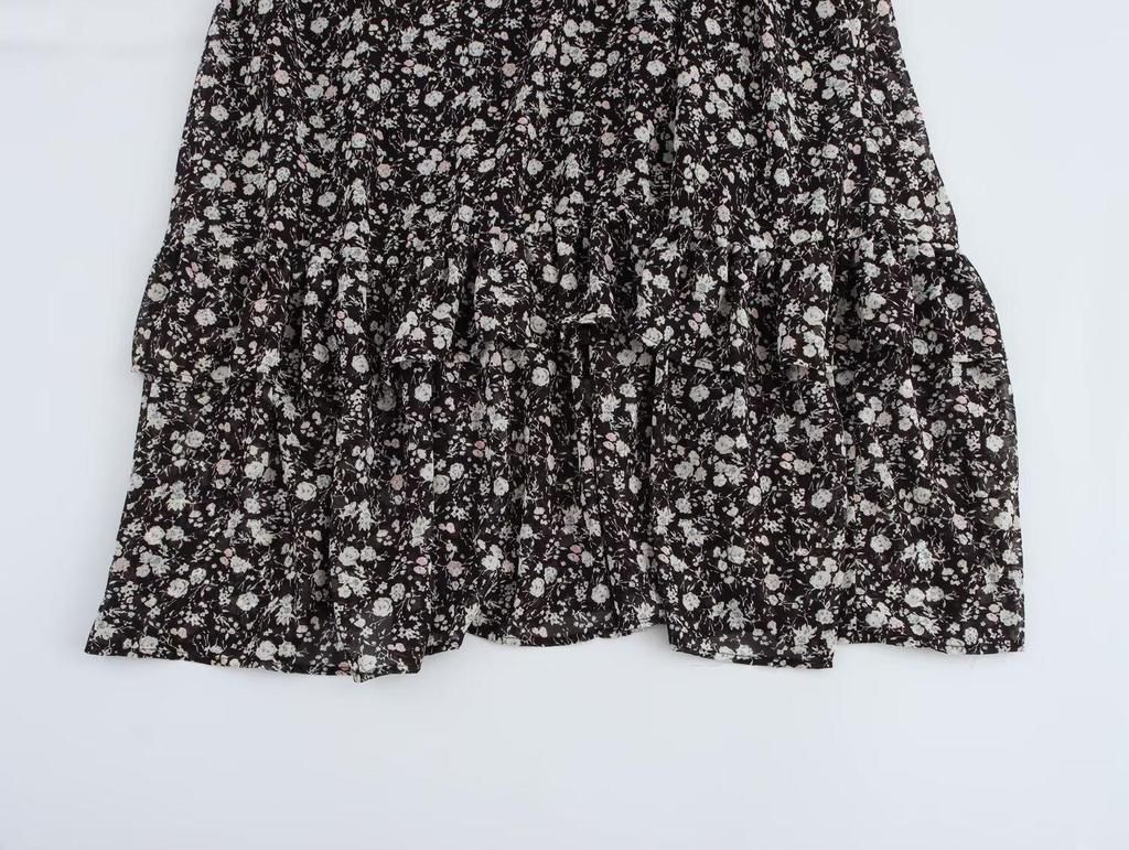 Spring 2025 Women's European & American Style V-Neck Chiffon Floral Waist-Hugging Long Dress