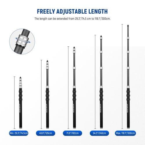 Neewer Upgraded Microphone Boom Pole, 9.8ft/300cm Telescopic Carbon Fiber Microphone Boom Arm with 5 Sections, 1/4", 3/8", and 5/8" Screw Adapters, Ca