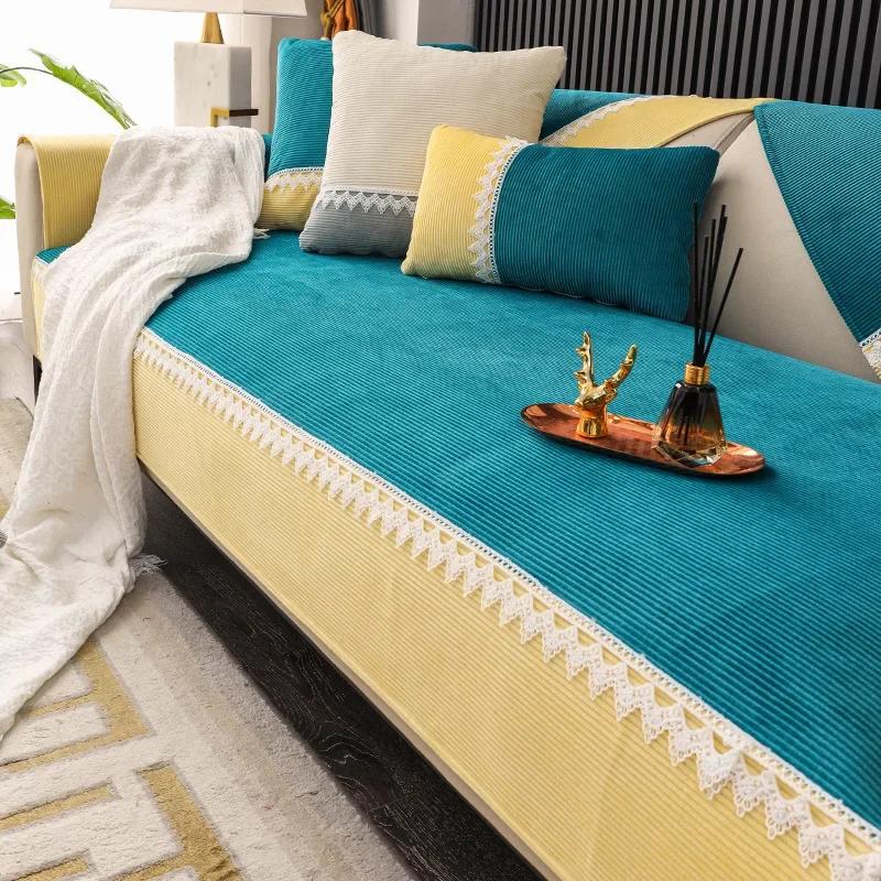 Modern Plush Sofa Cover Double Color Yellow Wide Edge Sofa Towel Pets Kid Mat Sofa Protector Slipcovers Removable Couch Blanket
