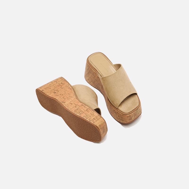Fashion Thick-soled Wedge-heeled Sandals Platform Wood-grained Slippers High-heeled Open-toed Women's Shoes