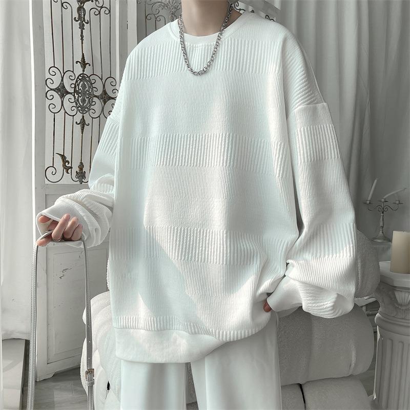Men S Gray Jacquard Long Sleeve Loose Fit T Shirt For Spring Autumn