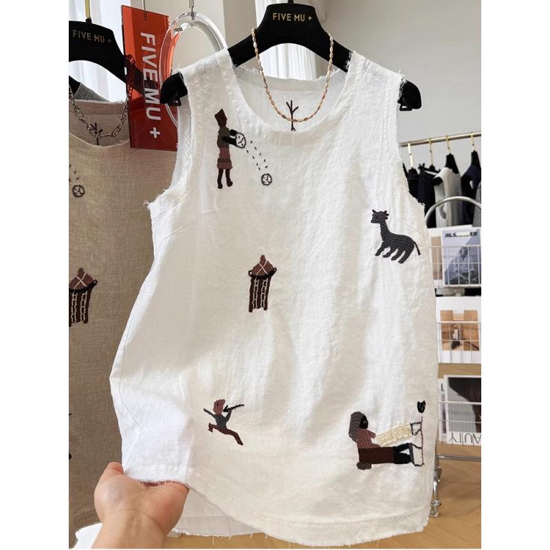 Women's Sleeveless Embroidered Cotton Linen Vest