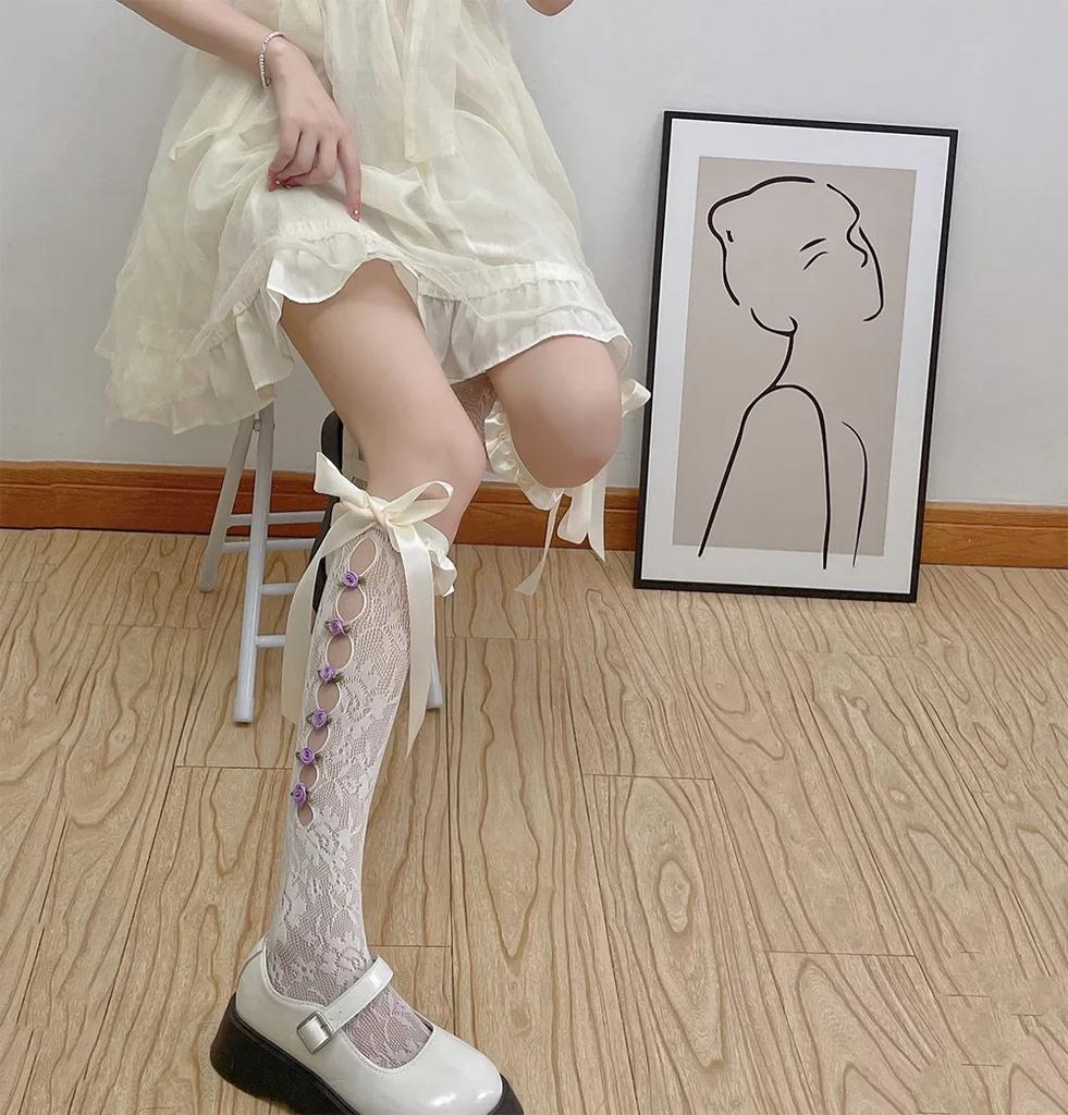 Women Sexy Lace Mesh White Black Fishnet Knee High Long Socks Lingerie Cute Gothic Style Ruffles Hollow Bow JK Lolita Stockings