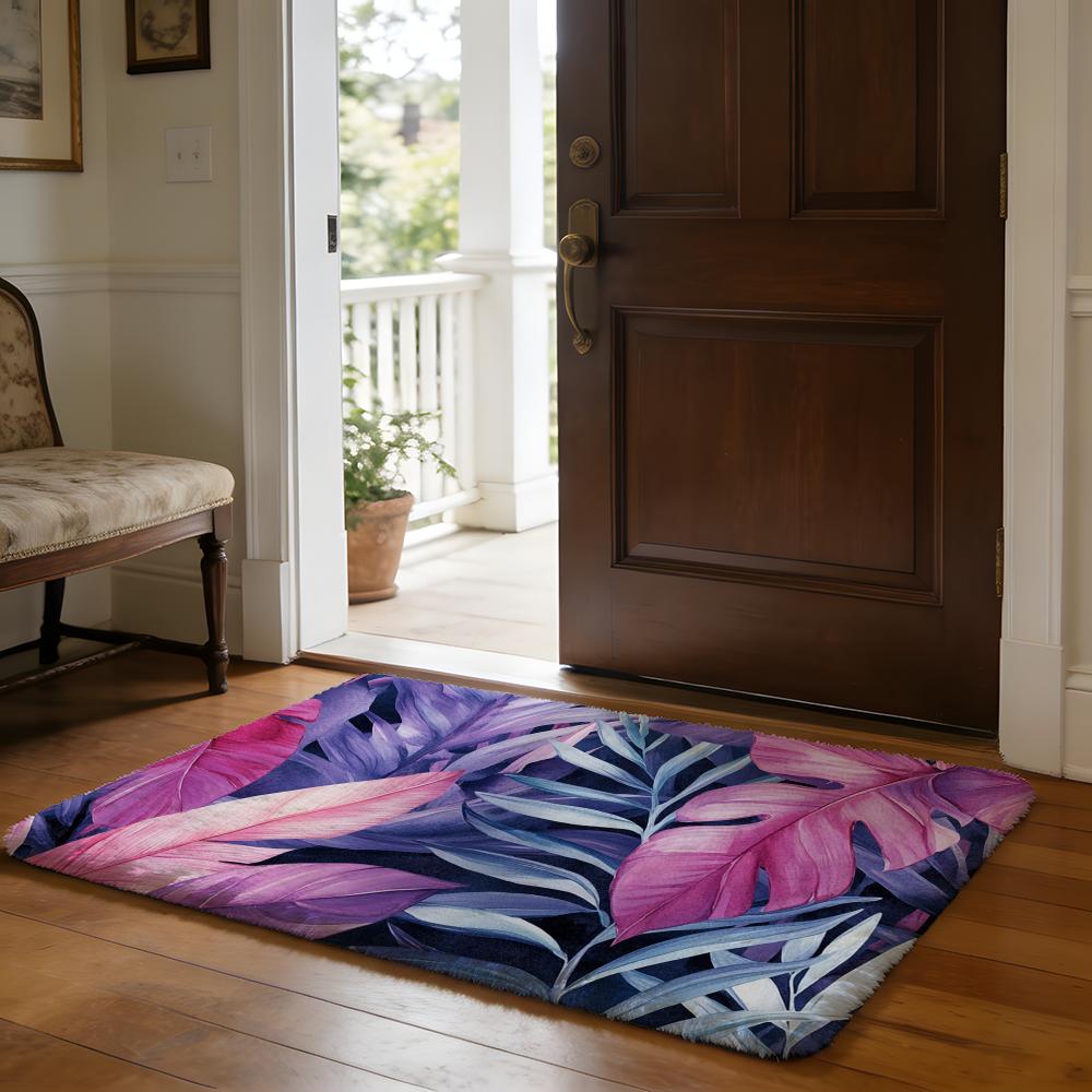 Purple Tropical Leaves Floor Mat Soft Flannel Absorbent Mat Non-Slip Rug Home Bedroom Bathroom