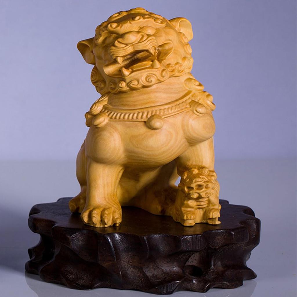 Dřevo dřevěný lev umění štěstí přírodní zimostrázové dřevo peníze štěstí Feng Shui zboží a ženská [dsdsad] řezba, lev, (strážný pes) amulet, zvíře, ozdoba,